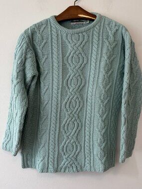 Aran Crafts Blue Cable Knit Pullover Crewneck Sweater Womens XS Merino Wool